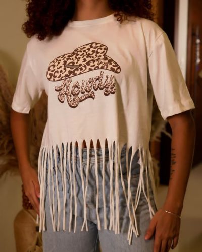 Cropped em Malha com Franjas Estampada Loja Mavela